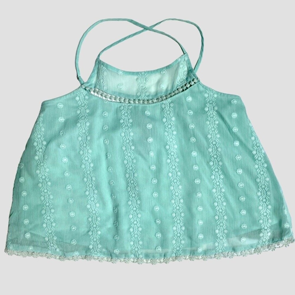 Forever 21 Womens Top Size S Green Blue Mint Aqua Embroidered Cropped Tank